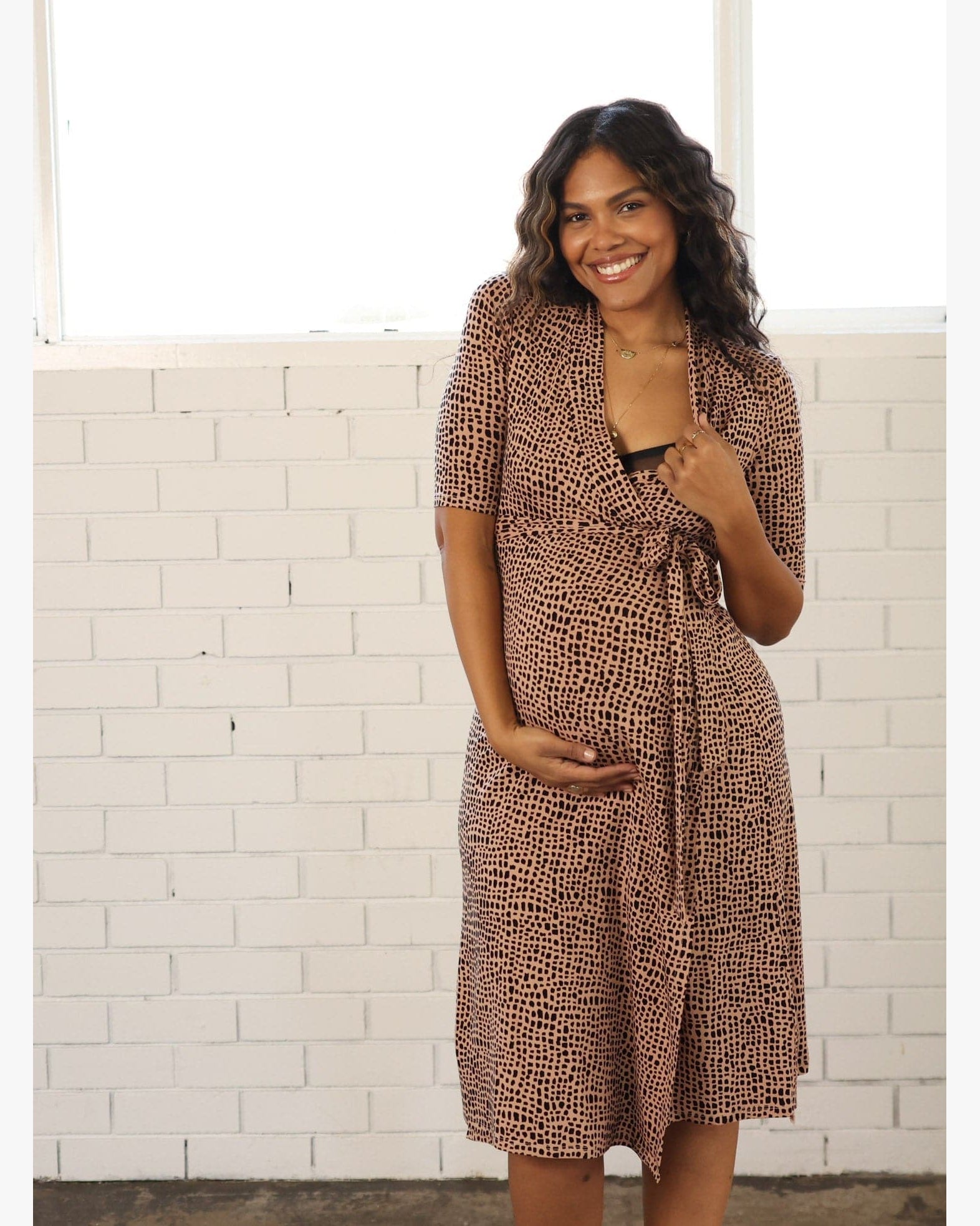 Classic Maternity Wrap Dress - Brown Print