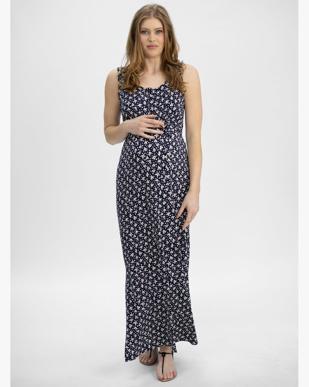 Button Front Sleeveless Nursing Friendly Maternity Maxi Dress in Navy –  Angel Maternity USA