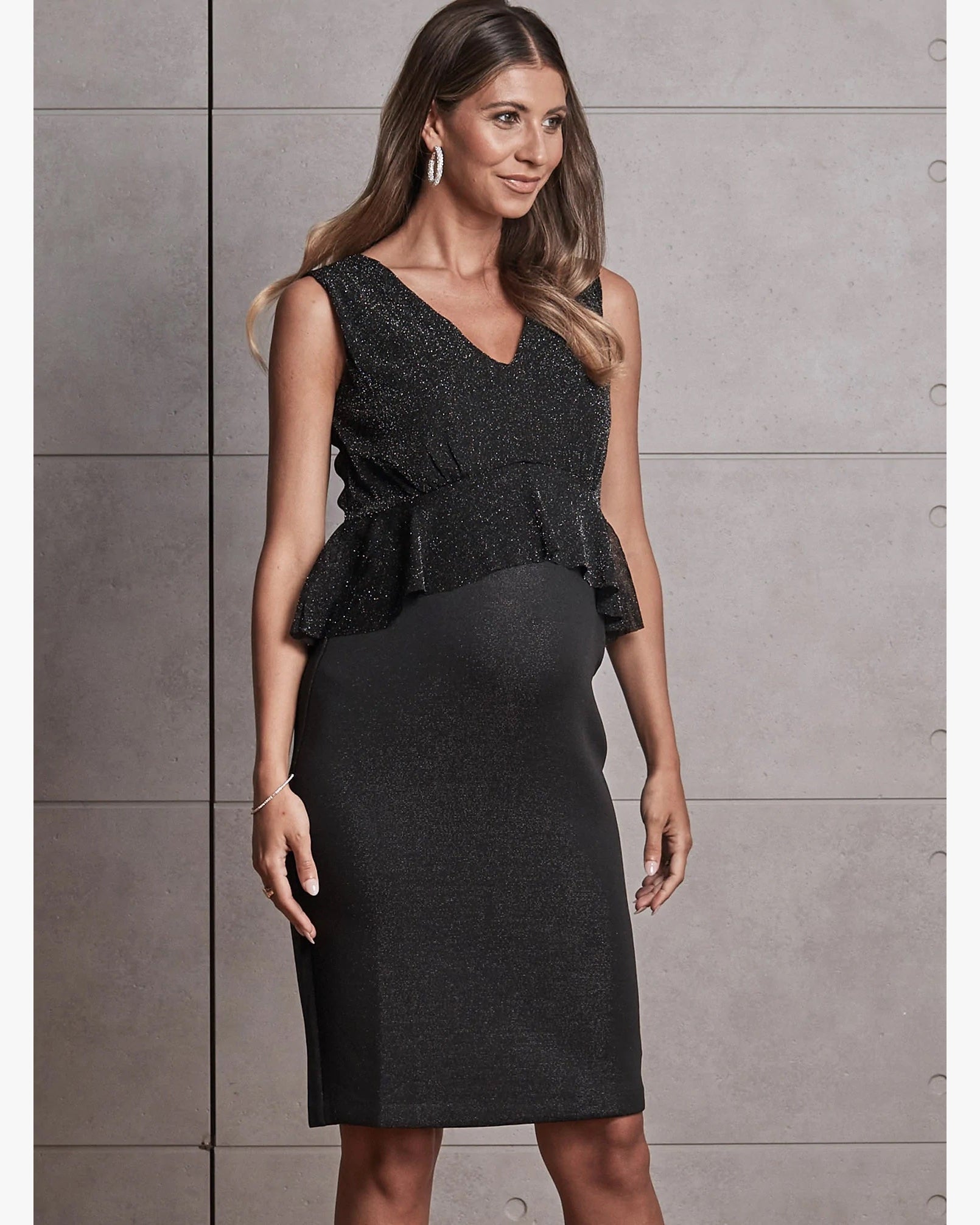 Rita Maternity Peplum Sparkly Evening Party Dress - Black